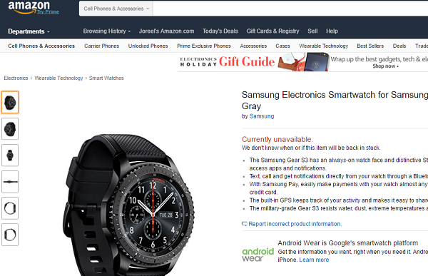 Samsung Gear S3 jetzt auf Amazon.com erhältlich